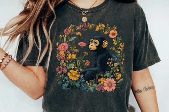 Download Cute Chimpanzee Vintage Floral Wreath Botanical Monkey Sublimation Design Png - Cute Collection